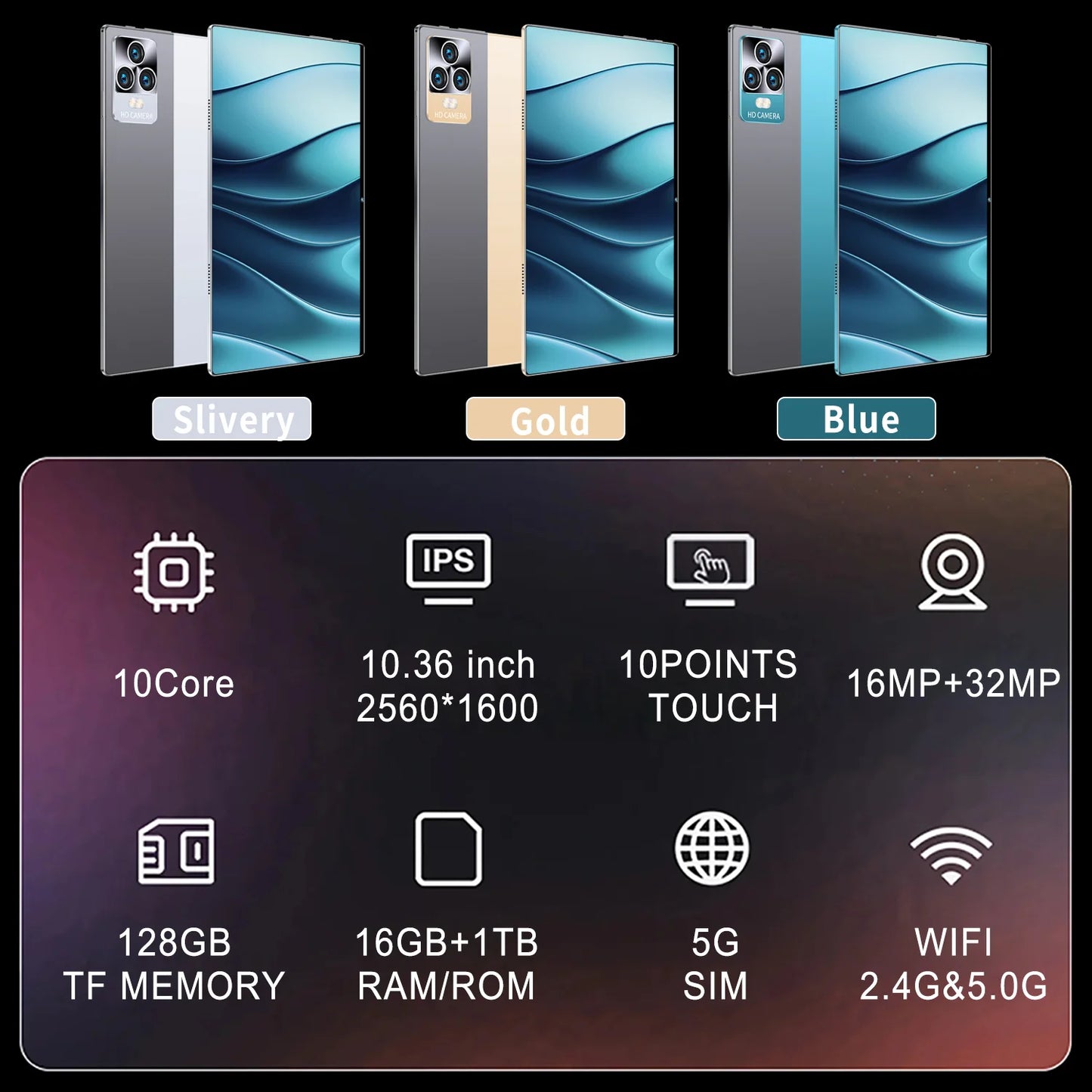 2025 Android 13 Tablet, 10,36", 5G Global Version 16GB RAM 1TB ROM, 10 -Core, Dual SIM, WiFi