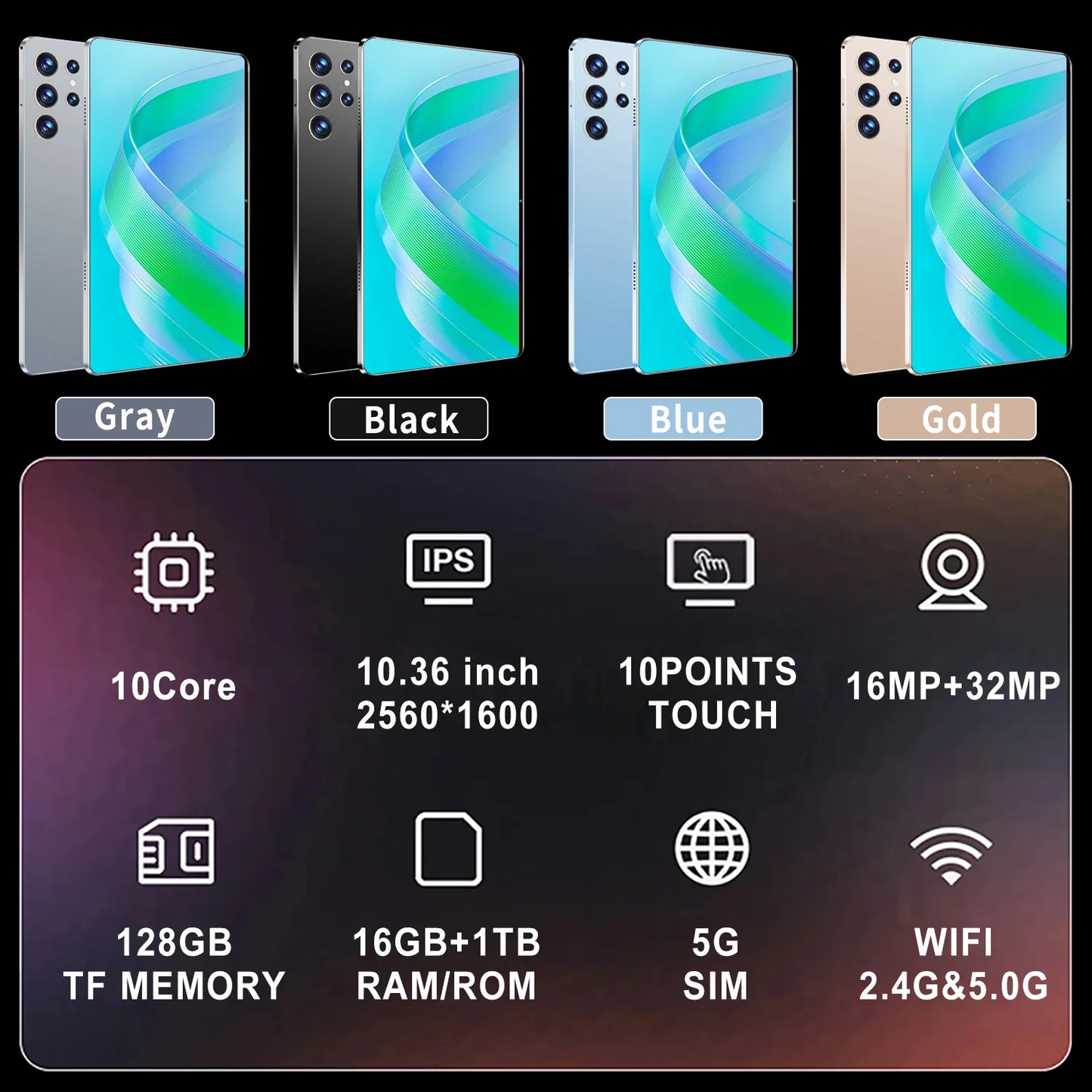 2025 Android 13 Tablet, 10,36", 5G Global Version 16GB RAM 1TB ROM, 10 -Core, Dual SIM, WiFi
