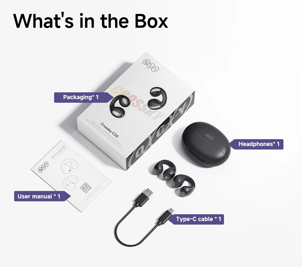 QCY Crossky C30 Bluetooth 5.4, Ear Clip Earbuds- Open- Ear, Dual-Connection