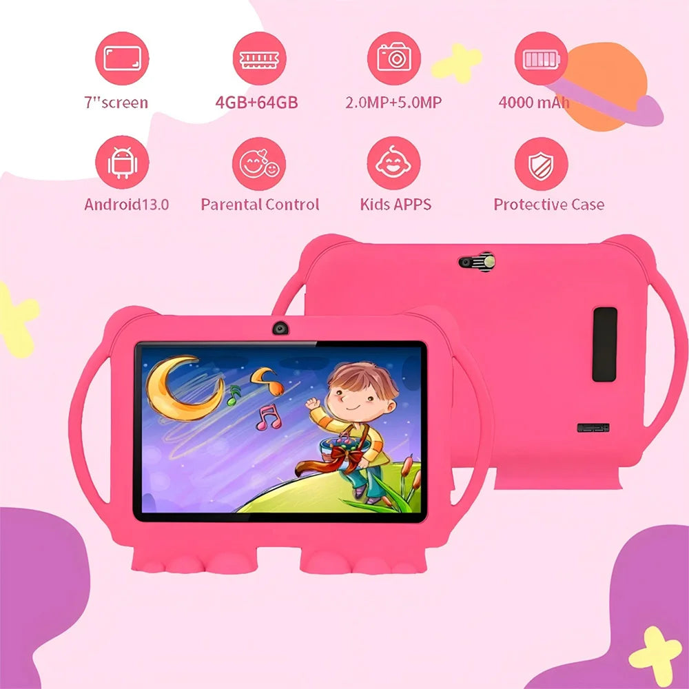 New 5G WIFI 7-inch Children's Tablet 4GB+64GB ROM Mini Pad Quad Core Dual Cameras, Kids-Proof protective Case Tablets Android 13