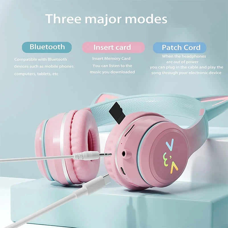 Headphones RGB, cat ear wireless Bluetooth Earphones with microphone, Stereo Music Game Earphone Girls Gift