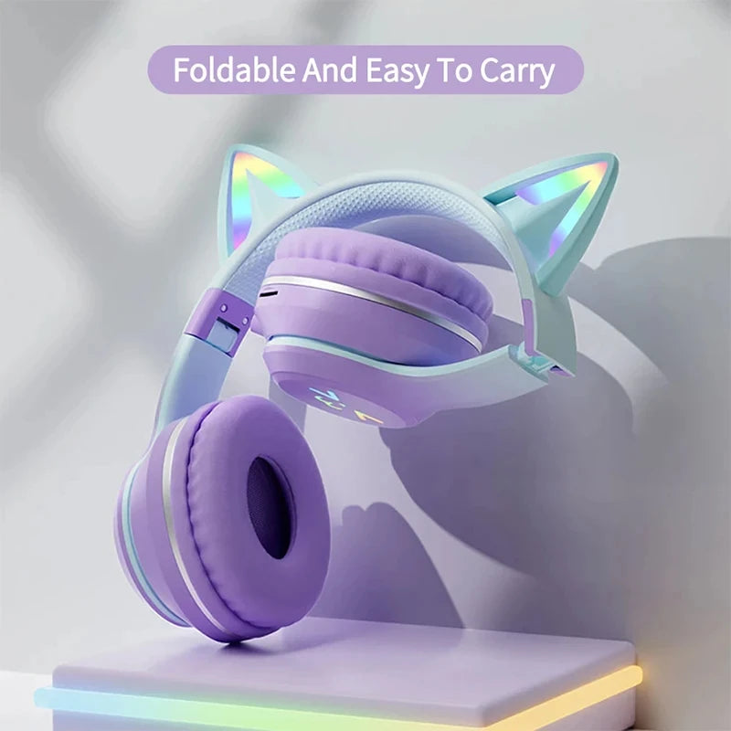 Headphones RGB, cat ear wireless Bluetooth Earphones with microphone, Stereo Music Game Earphone Girls Gift