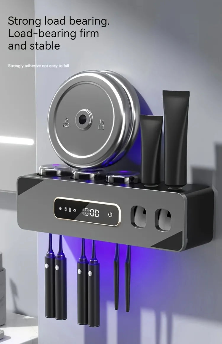 Bathroom toothbrush holder, a toothbrush holder, and 2 smart drying and cleaning toothpaste dispenser units