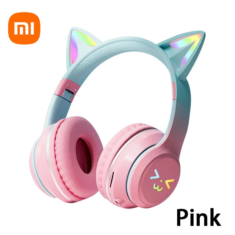 Headphones RGB, cat ear wireless Bluetooth Earphones with microphone, Stereo Music Game Earphone Girls Gift