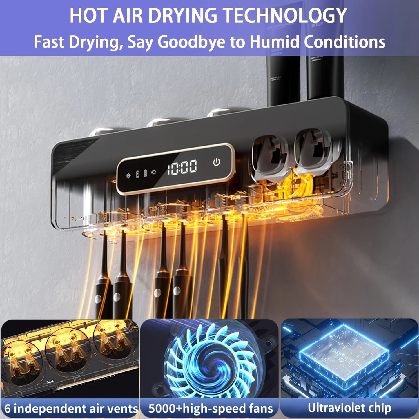 Bathroom toothbrush holder, a toothbrush holder, and 2 smart drying and cleaning toothpaste dispenser units