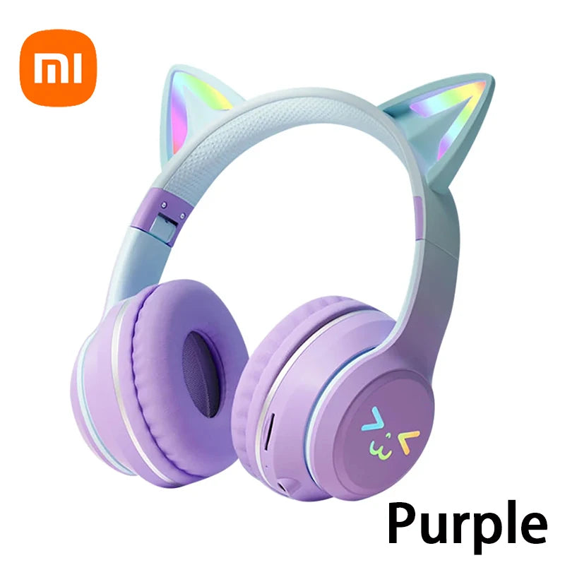 Headphones RGB, cat ear wireless Bluetooth Earphones with microphone, Stereo Music Game Earphone Girls Gift