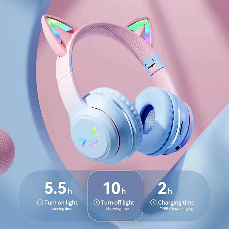 Headphones RGB, cat ear wireless Bluetooth Earphones with microphone, Stereo Music Game Earphone Girls Gift