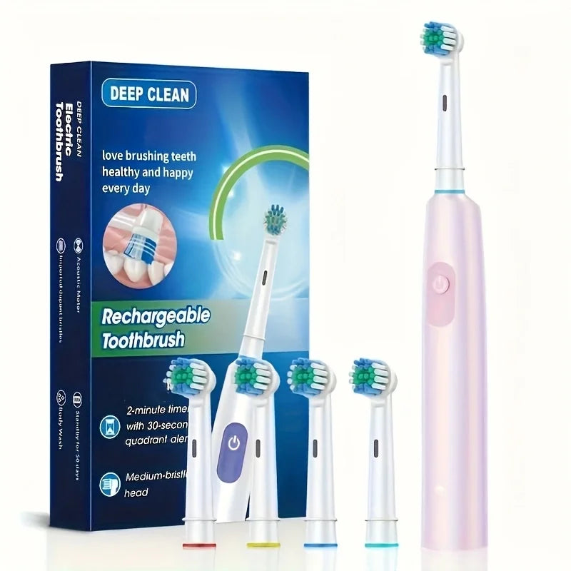 Round Rotating Electric Toothbrush for Adults, Soft Bristles, 5 Cleaning Modes, USB Rechargeable, with 4/8 Replacement Heads