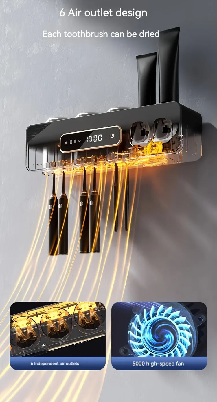 Bathroom toothbrush holder, a toothbrush holder, and 2 smart drying and cleaning toothpaste dispenser units