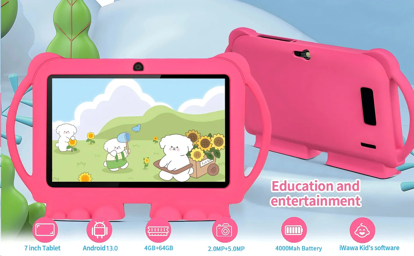 New 5G WIFI 7-inch Children's Tablet 4GB+64GB ROM Mini Pad Quad Core Dual Cameras, Kids-Proof protective Case Tablets Android 13