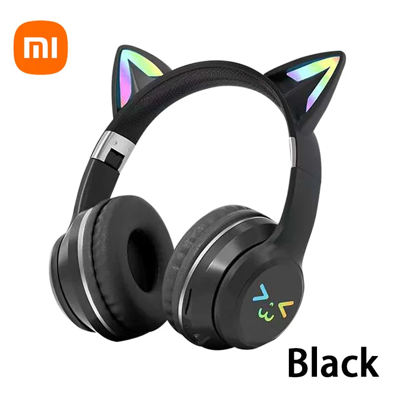 Headphones RGB, cat ear wireless Bluetooth Earphones with microphone, Stereo Music Game Earphone Girls Gift