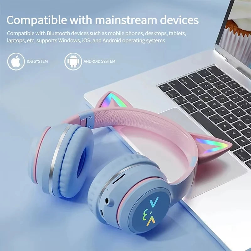 Headphones RGB, cat ear wireless Bluetooth Earphones with microphone, Stereo Music Game Earphone Girls Gift