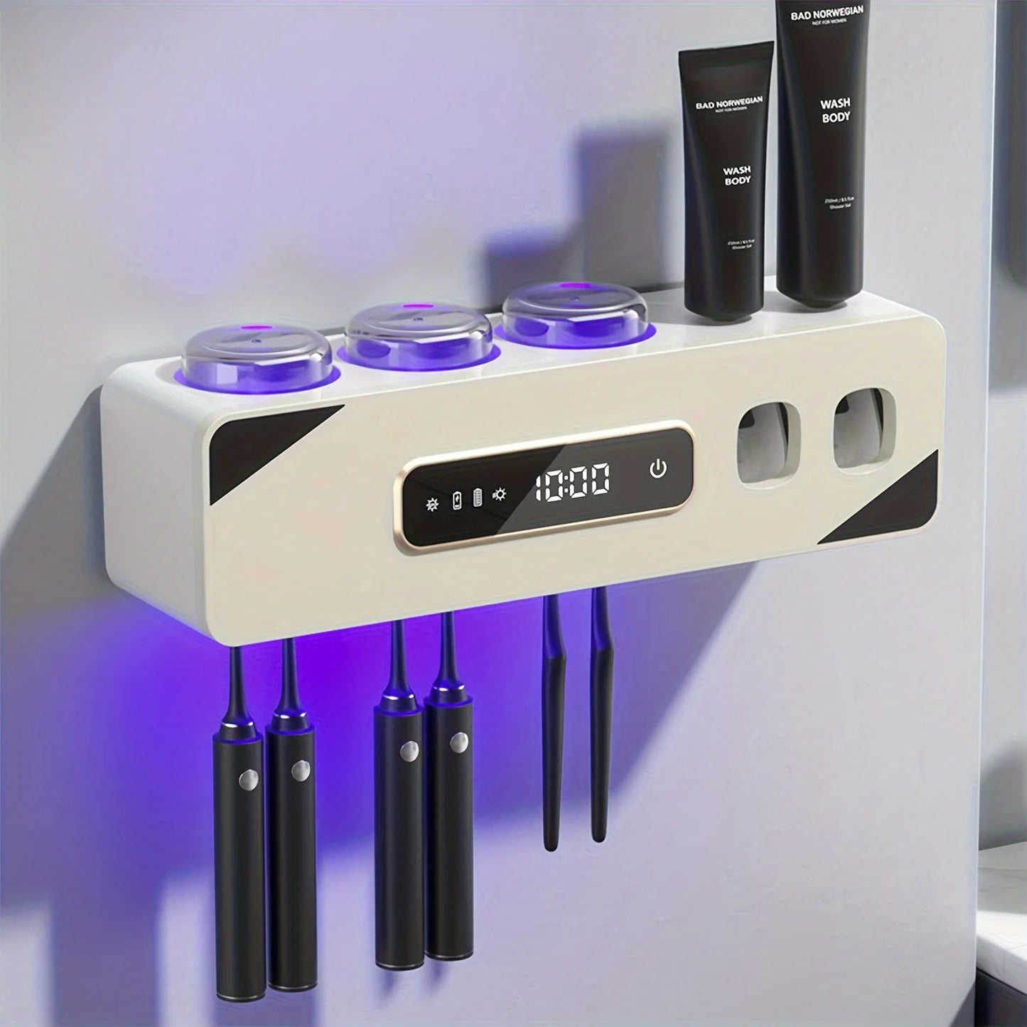Bathroom toothbrush holder, a toothbrush holder, and 2 smart drying and cleaning toothpaste dispenser units