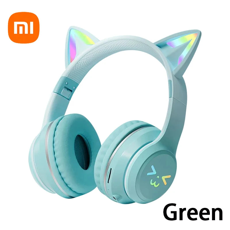 Headphones RGB, cat ear wireless Bluetooth Earphones with microphone, Stereo Music Game Earphone Girls Gift