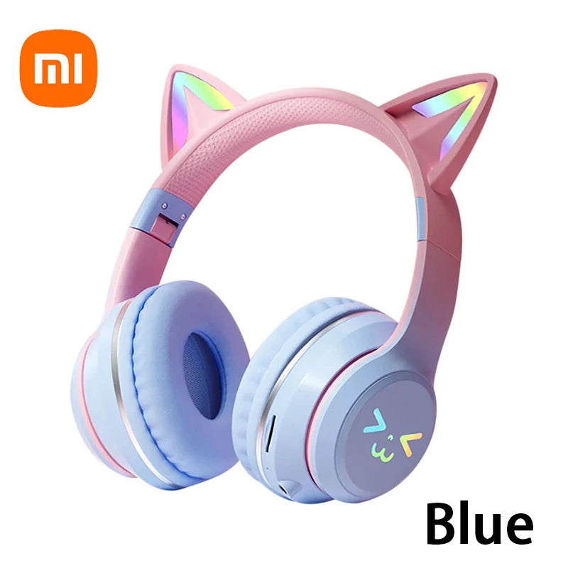 Headphones RGB, cat ear wireless Bluetooth Earphones with microphone, Stereo Music Game Earphone Girls Gift