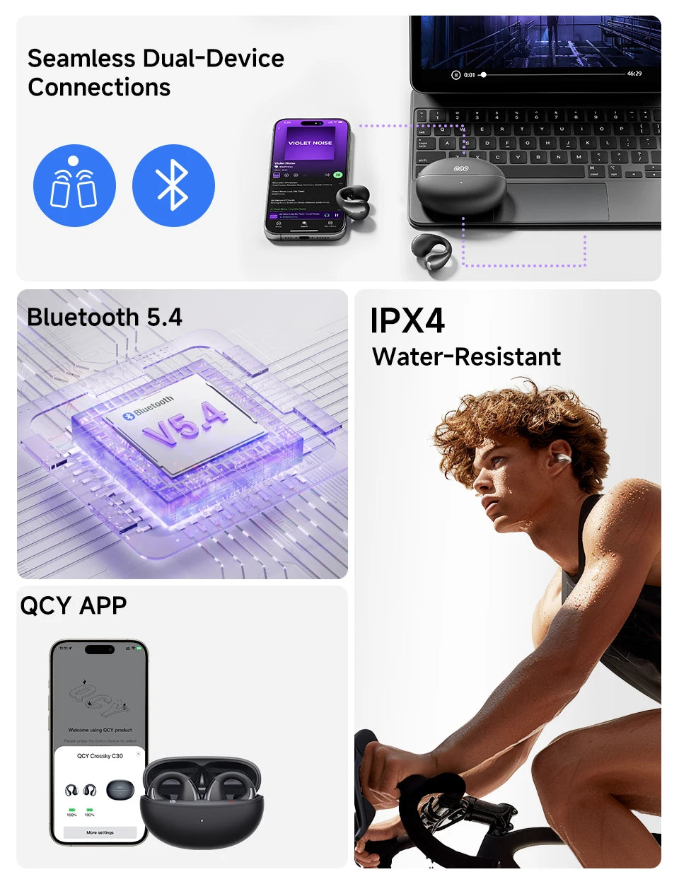 QCY Crossky C30 Bluetooth 5.4, Ear Clip Earbuds- Open- Ear, Dual-Connection