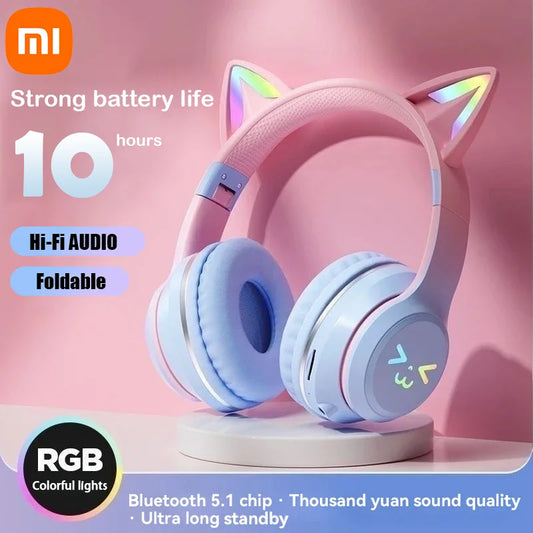 Headphones RGB,  cat ear wireless Bluetooth Earphones with microphone, Stereo Music Game Earphone Girls Gift