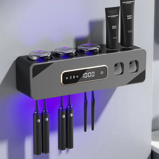 Bathroom toothbrush holder, a toothbrush holder, and 2 smart drying and cleaning toothpaste dispenser units