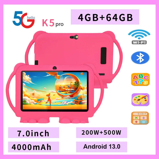 New 5G WIFI 7-inch Children's Tablet 4GB+64GB ROM Mini Pad Quad Core Dual Cameras, Kids-Proof protective Case Tablets Android 13