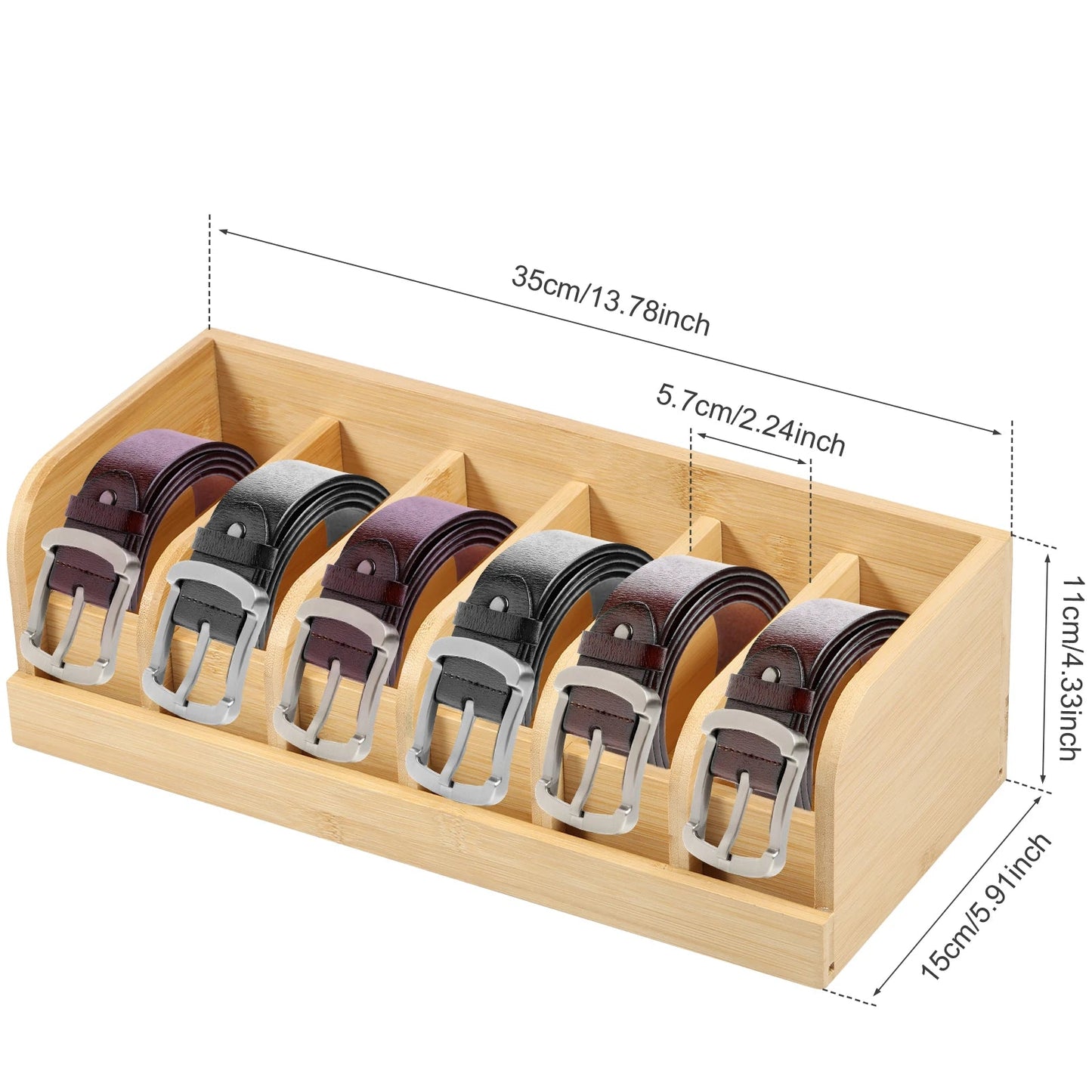 Bamboo Belt Organizer Box – 6-Compartment Storage Tray for Belts, Accessories & Drawer Organization