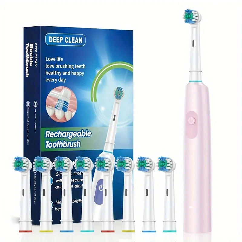 Round Rotating Electric Toothbrush for Adults, Soft Bristles, 5 Cleaning Modes, USB Rechargeable, with 4/8 Replacement Heads