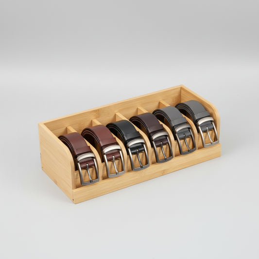 Bamboo Belt Organizer Box – 6-Compartment Storage Tray for Belts, Accessories & Drawer Organization